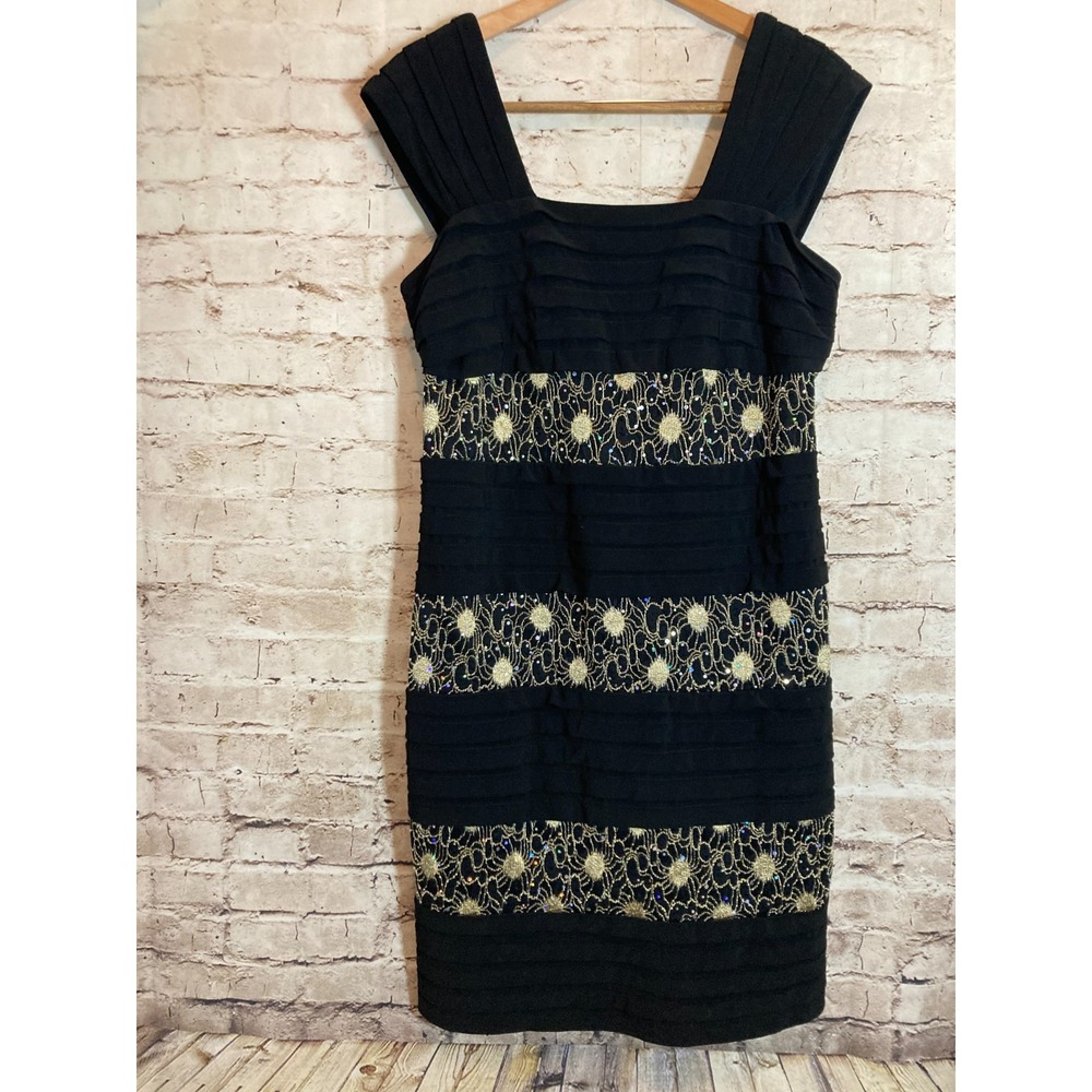 R&M Richards Dress Womens 14W Black & Gold Embroidered Shimmer Tiered Party Plus